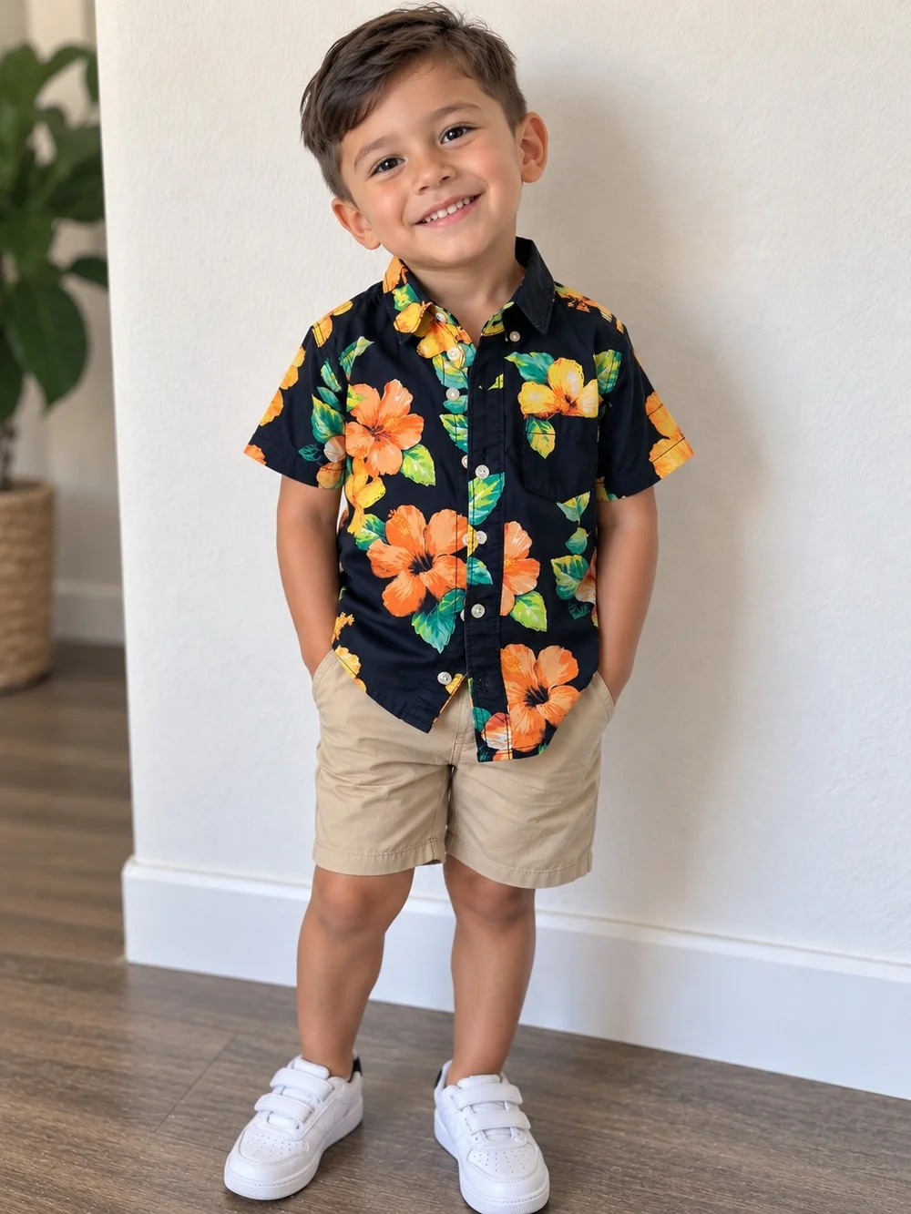 Gap Boys Hawaiian Floral Button-Up Shirt with Orange Hibiscus